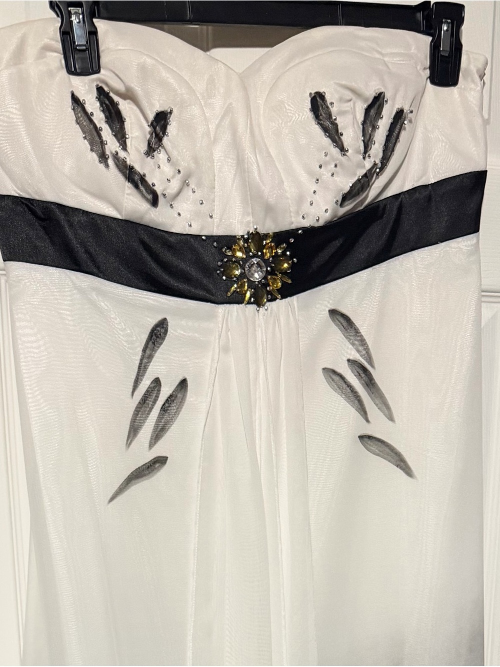Ever Pretty White Strapless Evening Gown with Black Sash and Gold Brooch